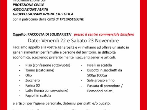 Raccolta di solidarietà Centro di ascolto - Caritas Levada - Collaborazione parrocchiale pastorale Trebaseleghe - S. Ambrogio - Silvelle - Fossalta